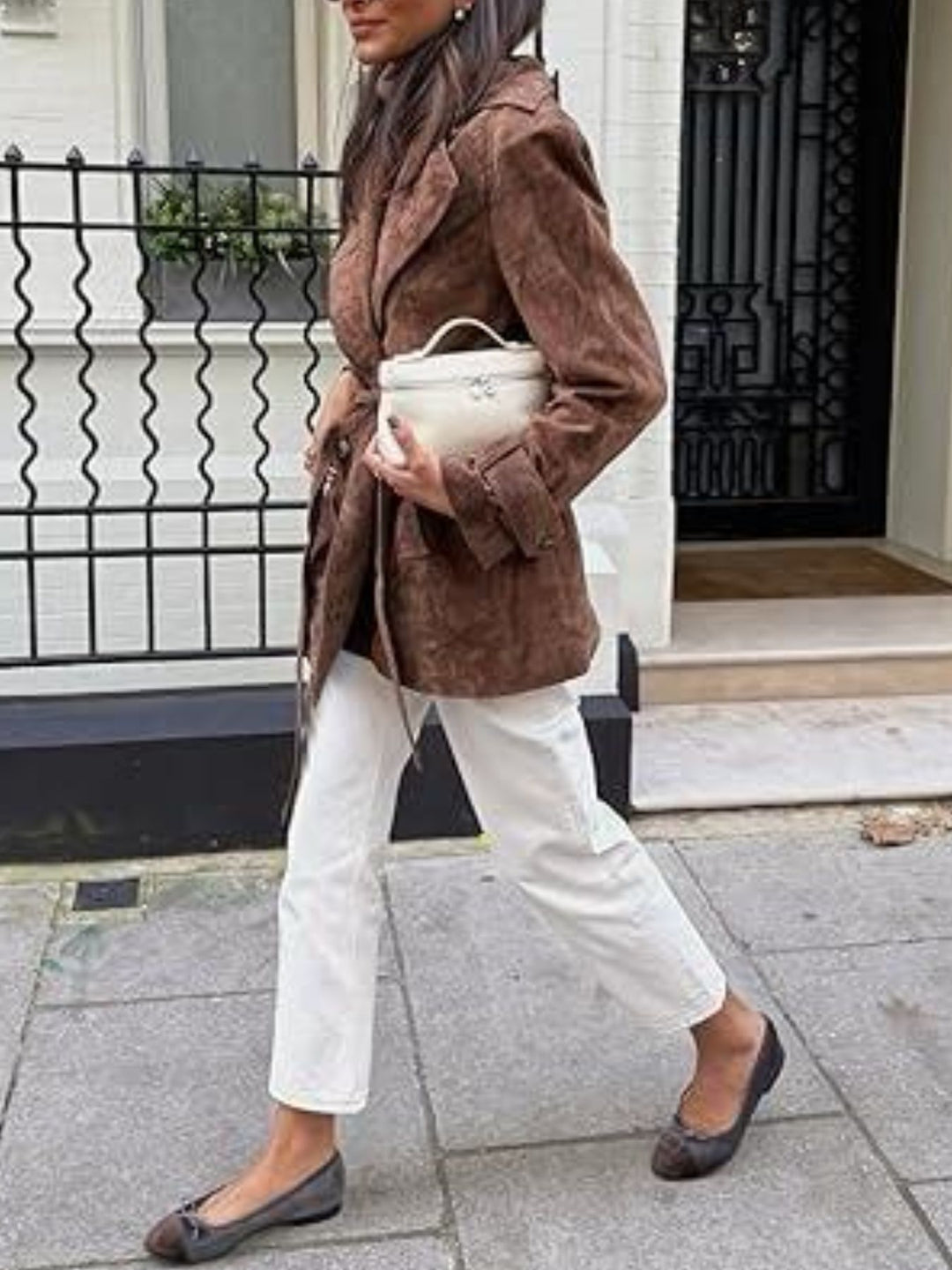 Double-breasted suede-look tie-waist trench coat