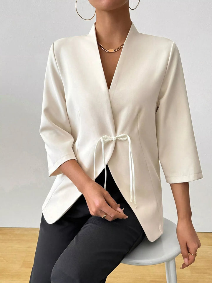 Open-front tie-waist blazer with three-quarter sleeves