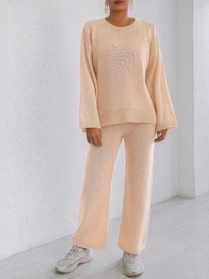 Drop shoulder knit sweater and wide leg pants set