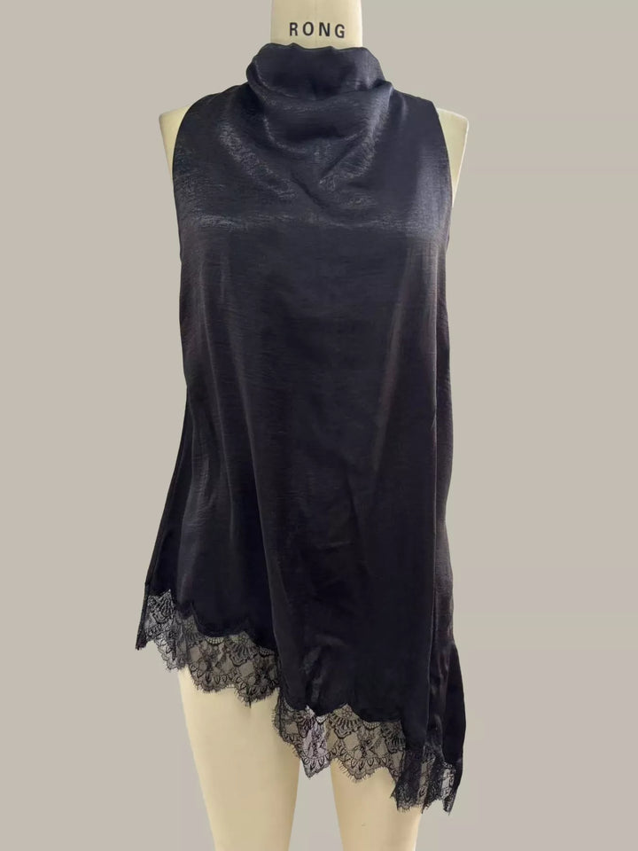 Asymmetric lace-hem satin cami with high cowl neck