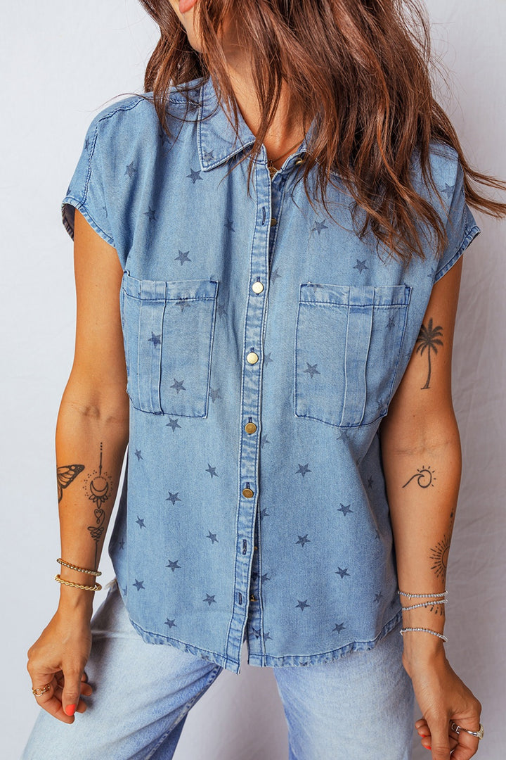 Star print short sleeve denim shirt with chest pockets