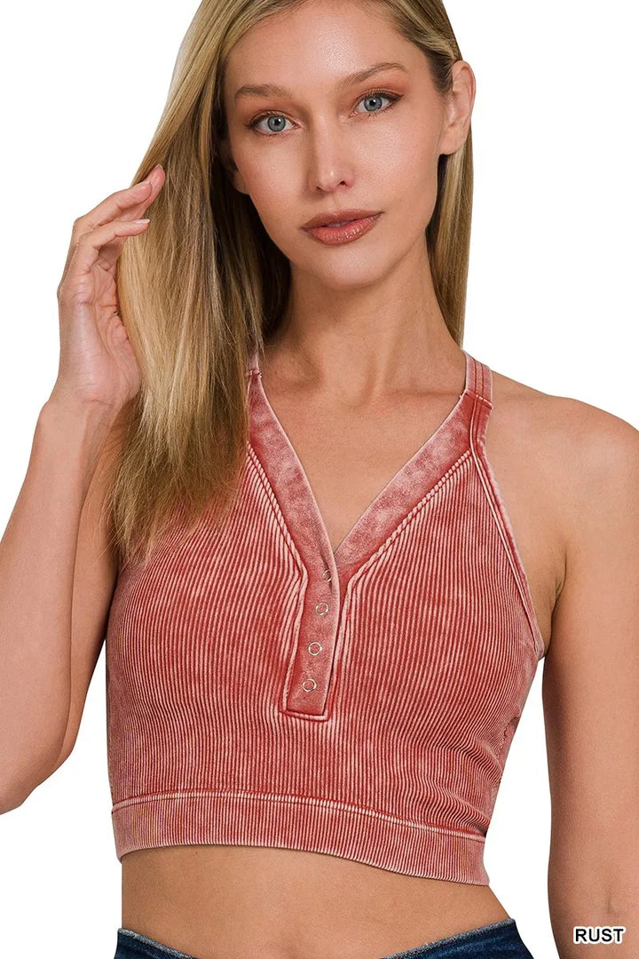 Washed ribbed seamless button-front crop tank top