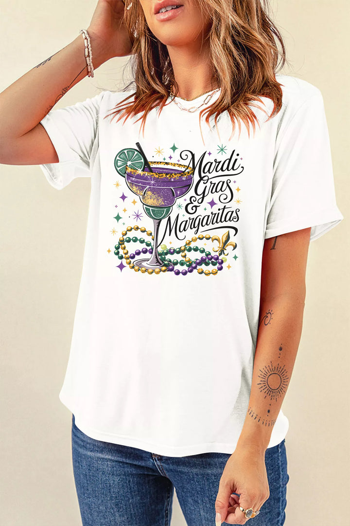 White Mardi Gras margarita graphic tee with crew neck
