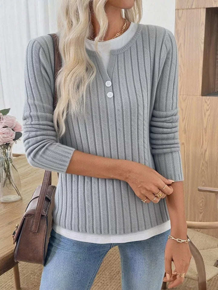 Ribbed knit long sleeve henley with contrast trim