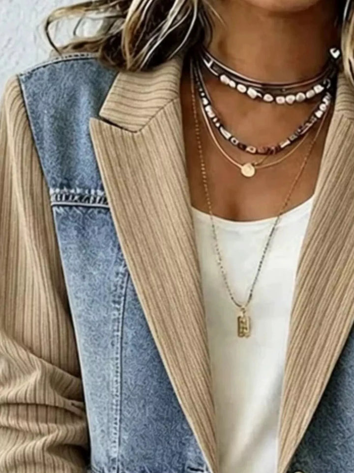 Denim patchwork ribbed blazer with raw hem and notch lapels