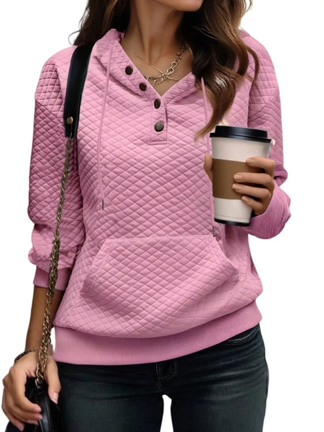 Pink Diamond-textured drawstring pullover hoodie with button placket