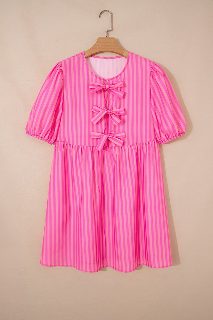 Striped puff sleeve mini dress with triple bow front
