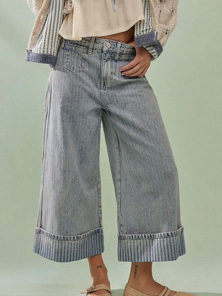 Wide-leg cropped jeans with deep cuffed hem and center seam