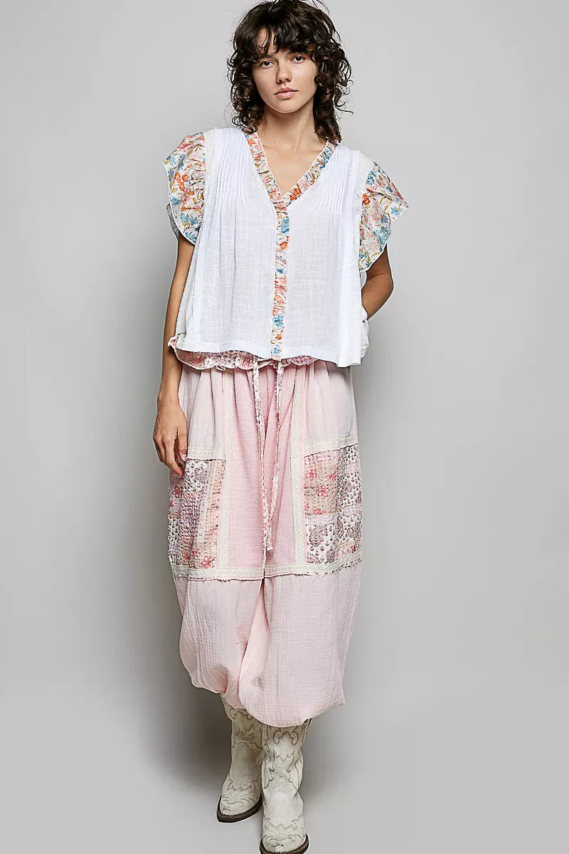 V-neck woven cotton blouse with floral ruffle cap sleeves