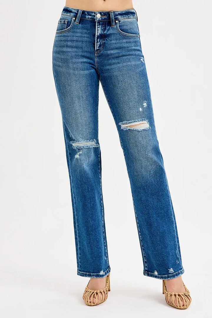 DARK Distressed high-rise straight leg jeans with tummy control