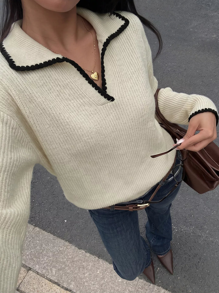 Contrast trim ribbed knit polo sweater with dropped shoulders