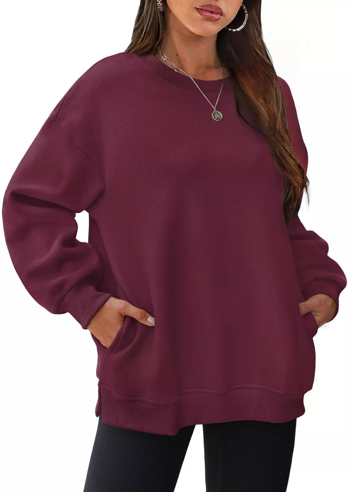Burgundy Relaxed crew neck sweatshirt with side pockets and slit hem