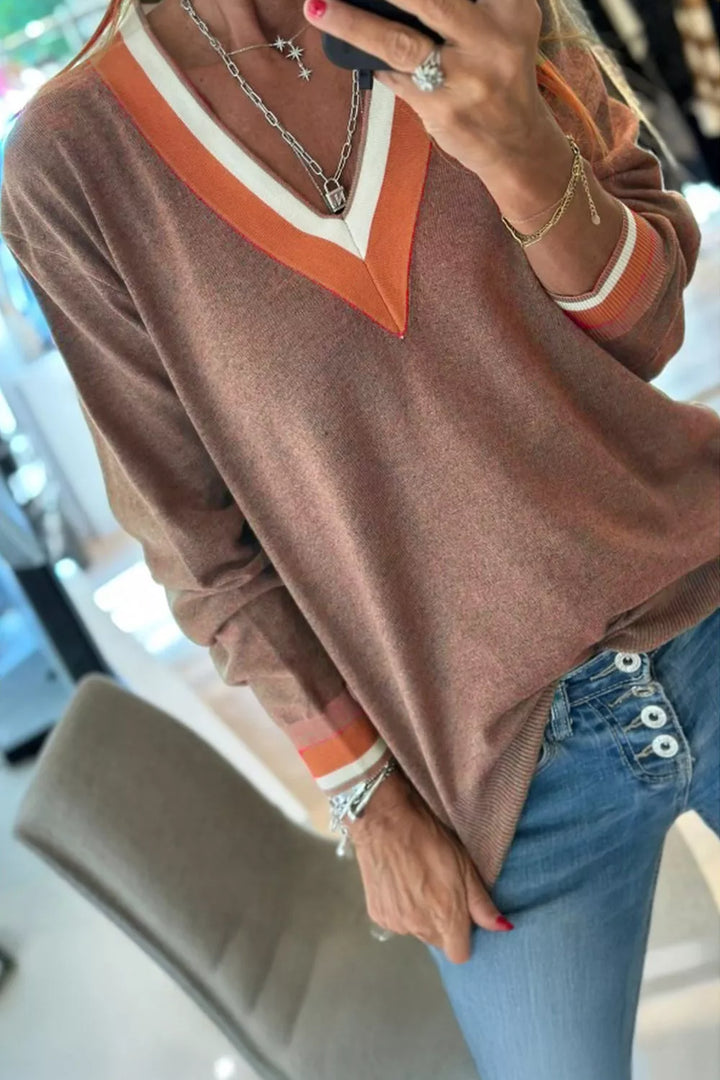 Contrast stripe V-neck knit pullover sweater