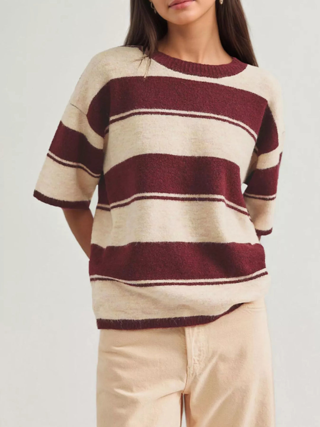 Red Striped short sleeve knit sweater with ribbed trim