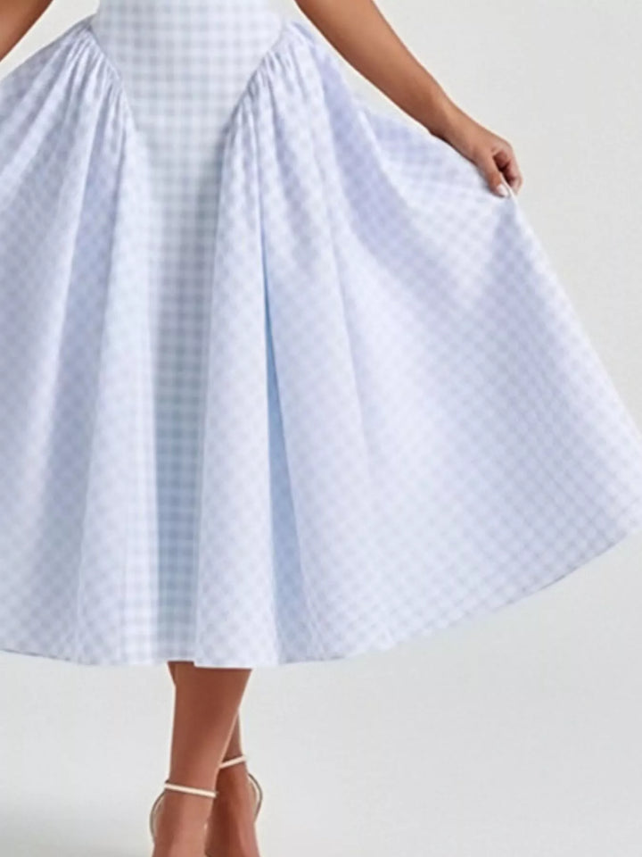 Plaid square-neck sleeveless fit-and-flare midi dress