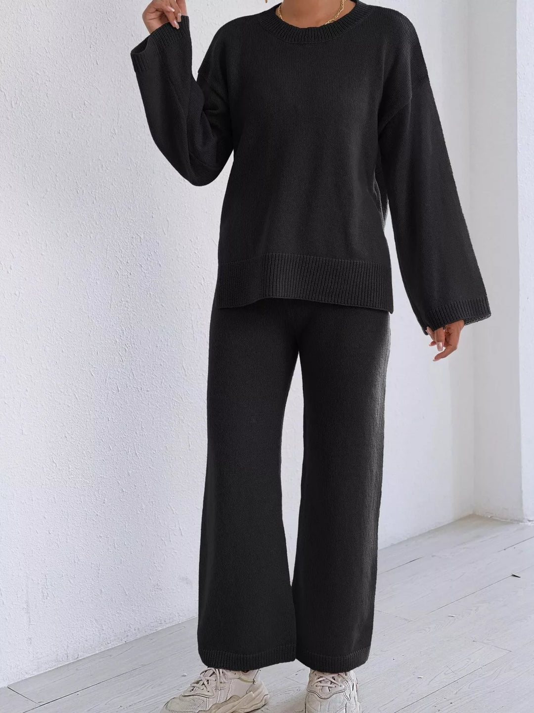 Drop shoulder knit sweater and wide leg pants set