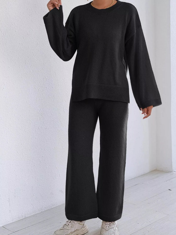 Drop shoulder knit sweater and wide leg pants set