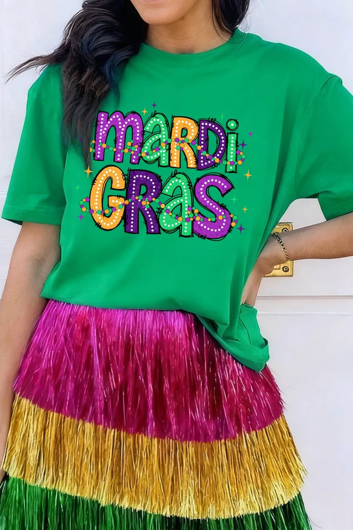 Mardi Gras beaded letter graphic crew neck tee