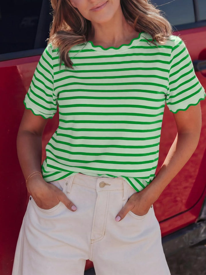 Green Striped scallop-trim short-sleeve crew neck tee