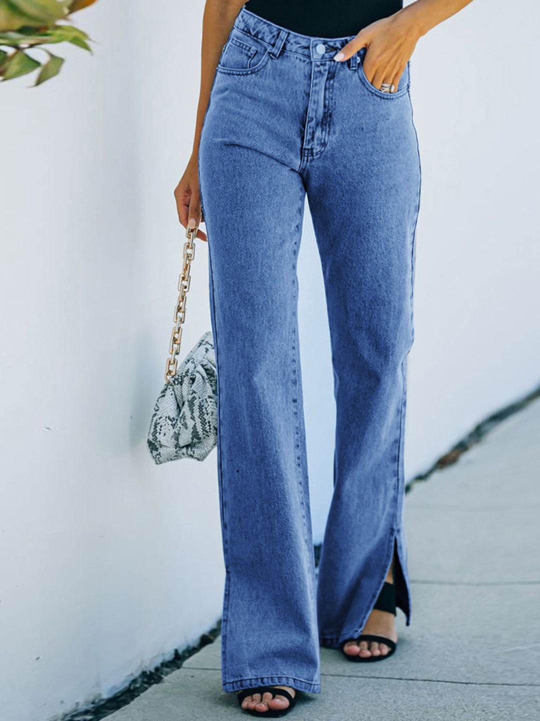 Dusty Blue High-rise bootcut jeans with side slit hem