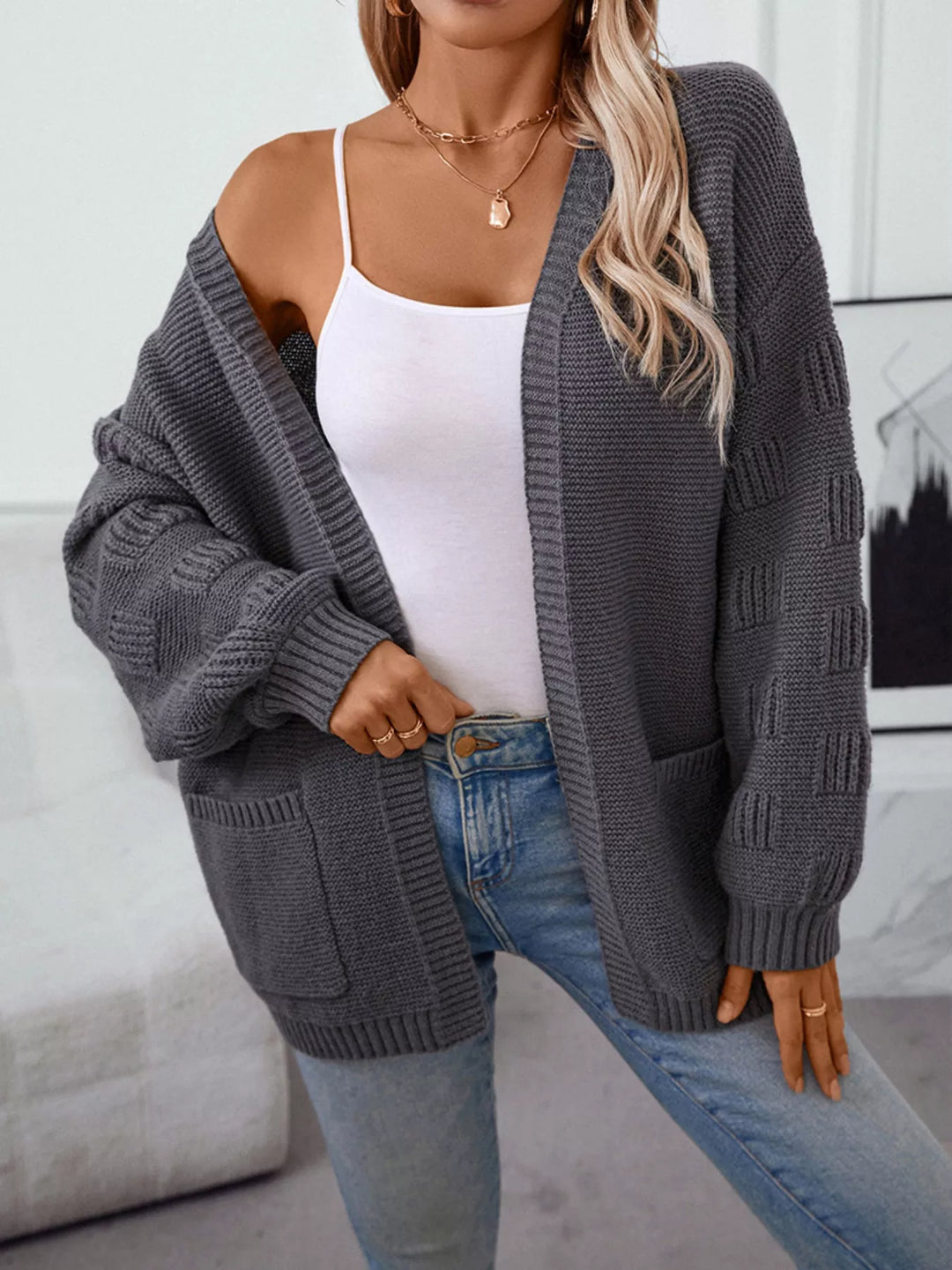 Textured basketweave knit open-front cardigan with pockets