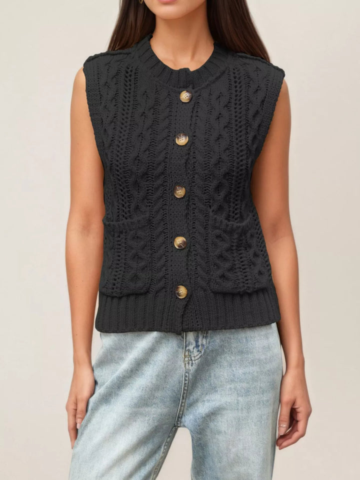 Black Cable knit button-down sweater vest with patch pockets