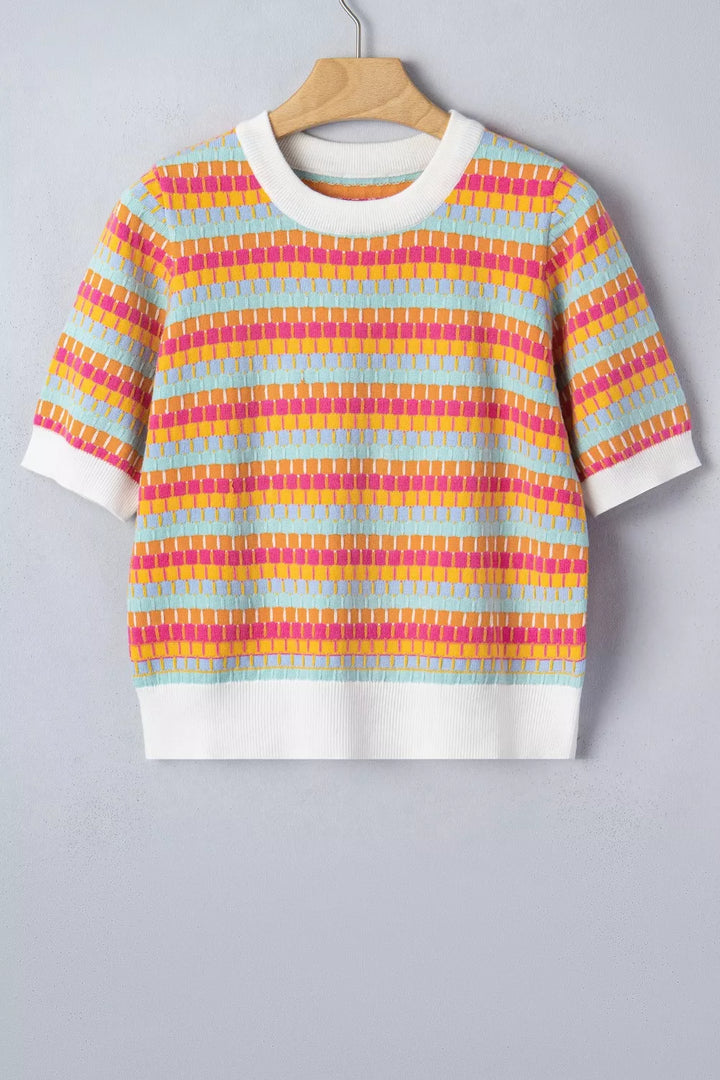 Abstract stripe ribbed knit short sleeve sweater