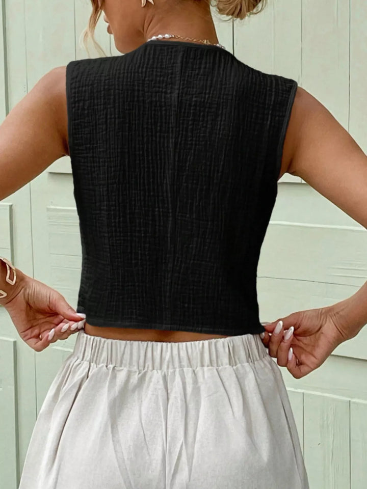 Textured cotton gauze button-front cropped vest