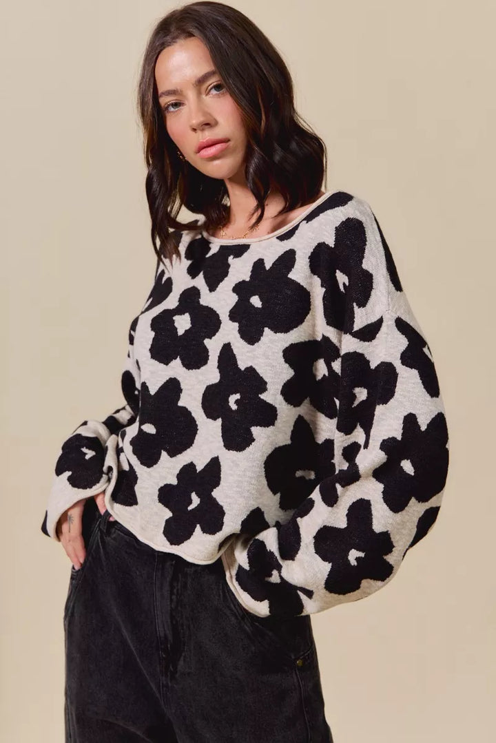 Lightweight floral knit cropped sweater top