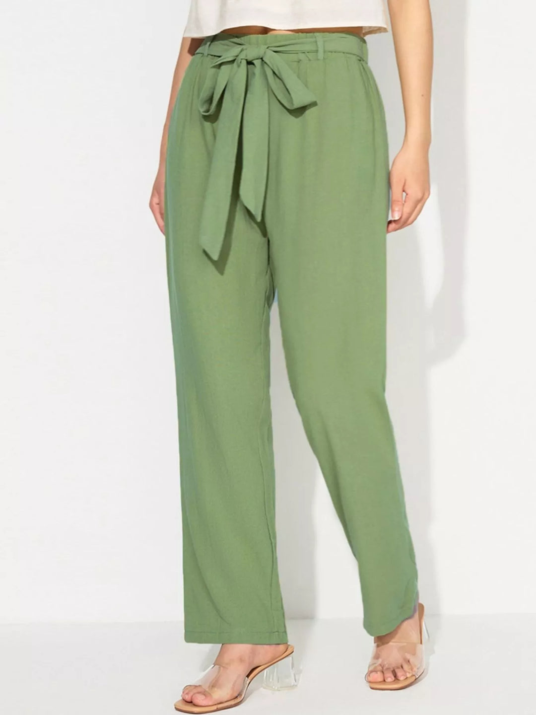 Wide leg pull-on pants with drawstring tie waist