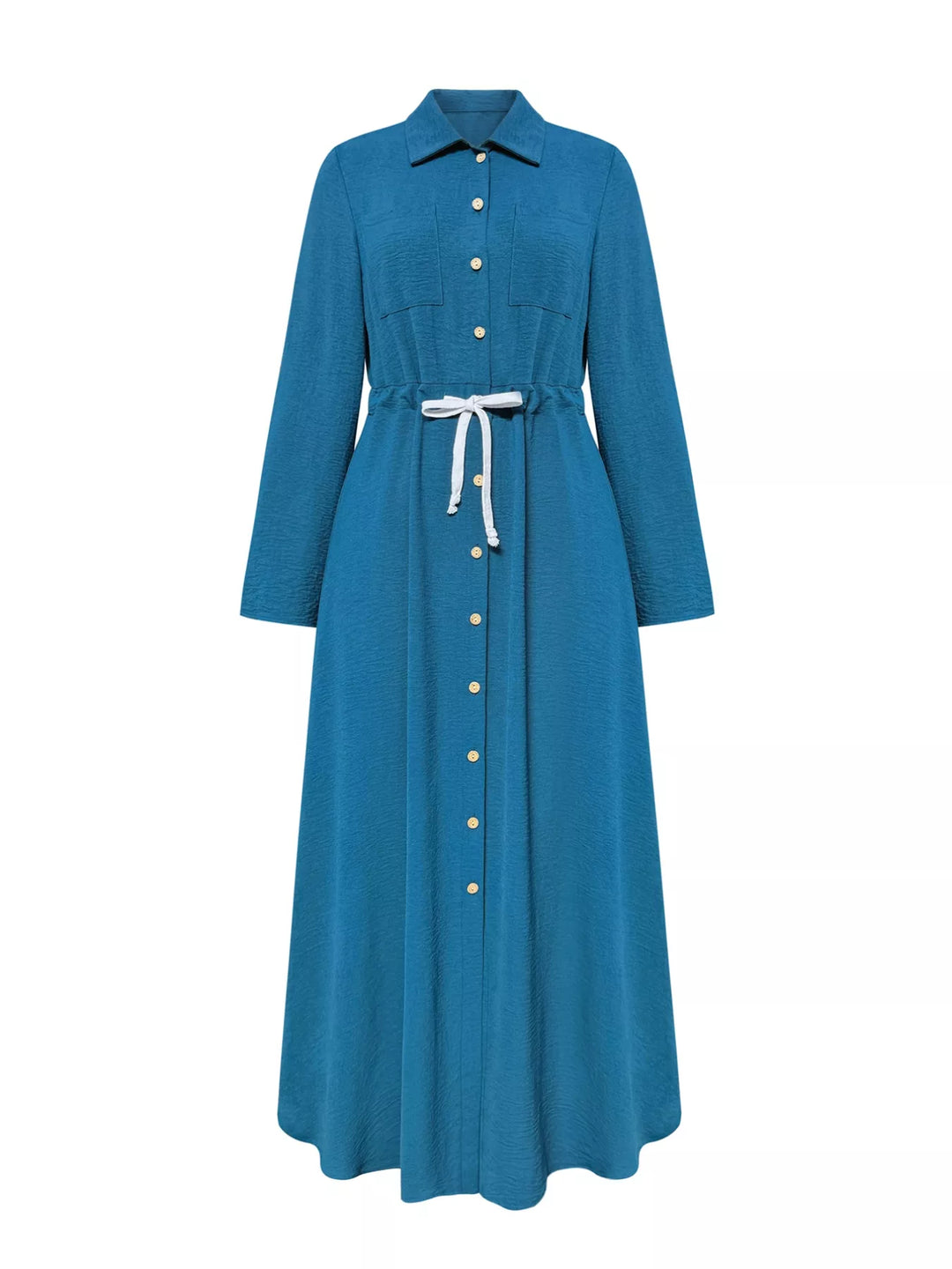 Button-down maxi shirt dress with drawstring waist