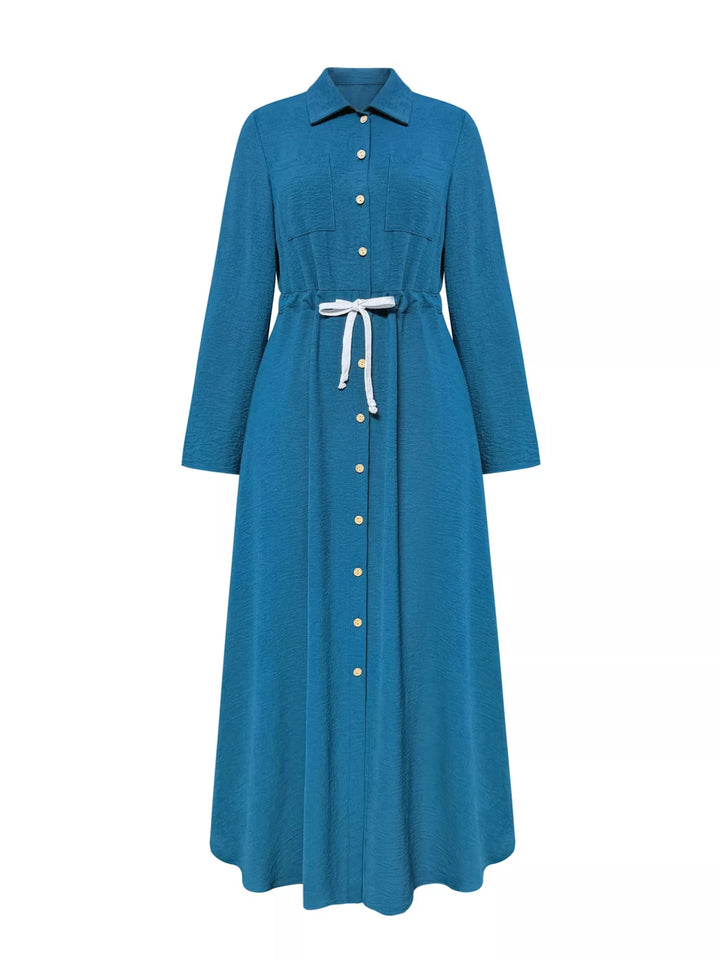 Button-down maxi shirt dress with drawstring waist