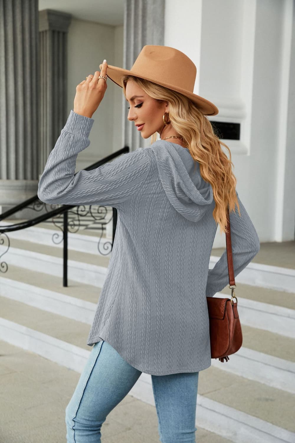 Cable knit hooded top with tie neck and button placket