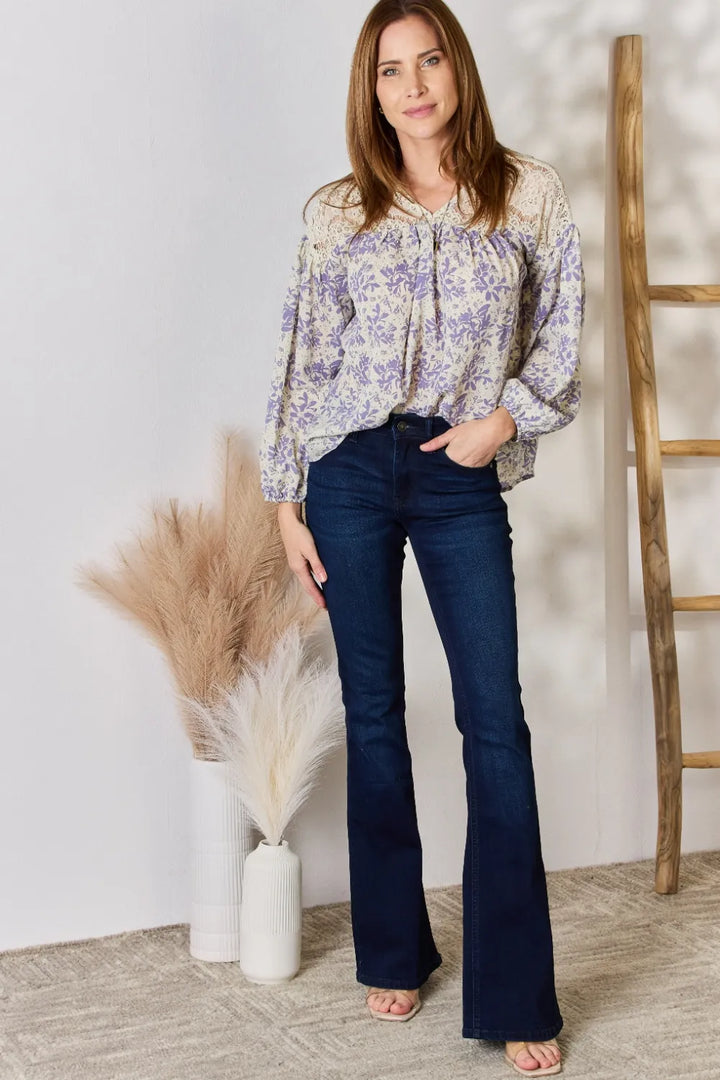 Floral print blouse with lace yoke and balloon sleeves