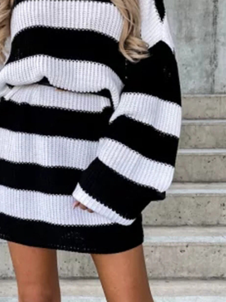 Striped turtleneck sweater dress with drop-shoulder sleeves