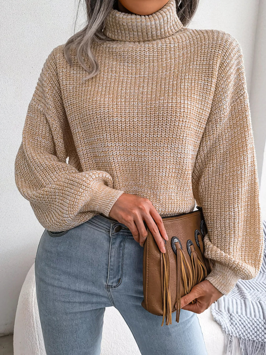 Beige Waffle knit turtleneck sweater with dropped shoulders