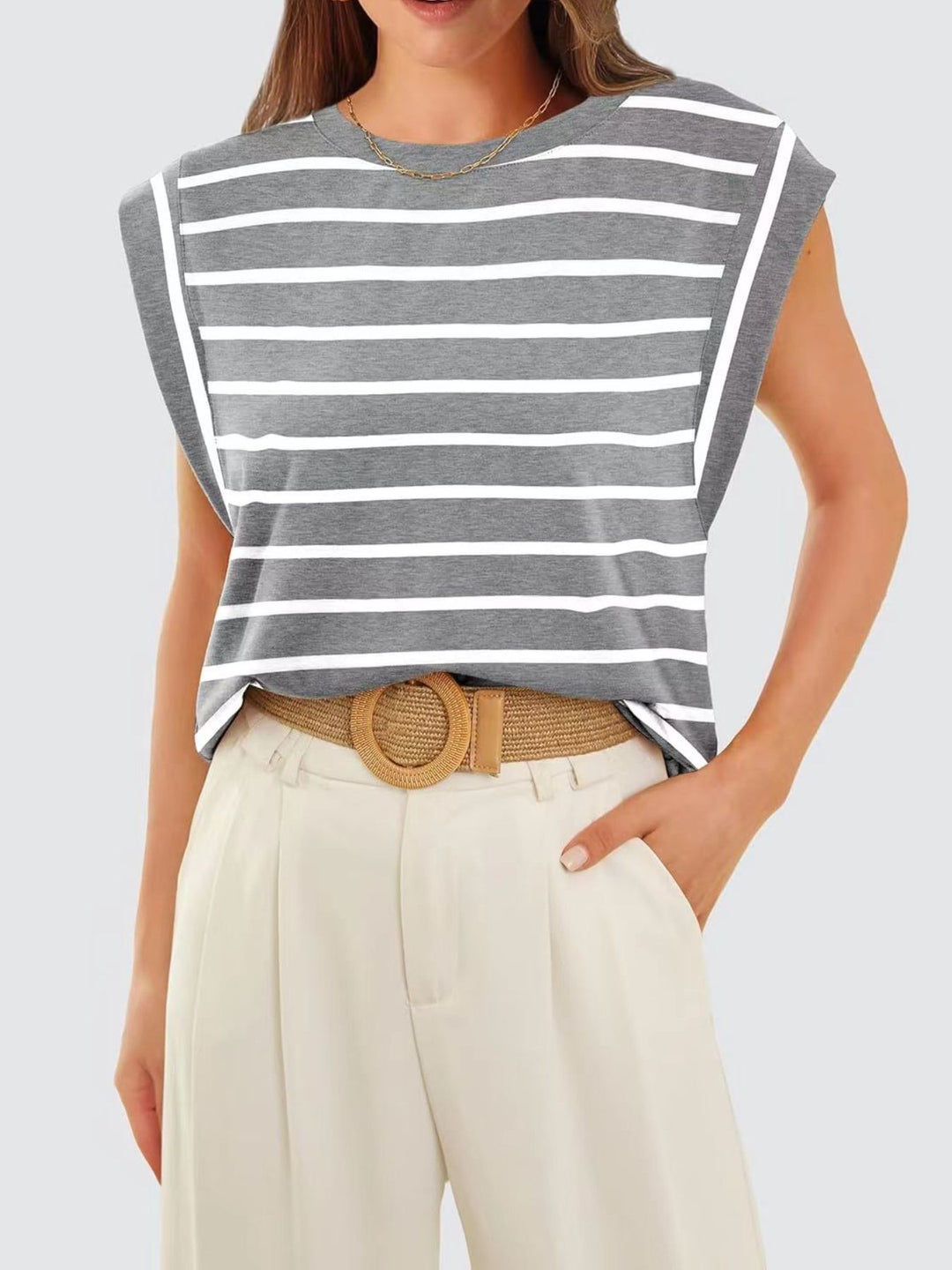 Striped cap-sleeve crew neck muscle tank top