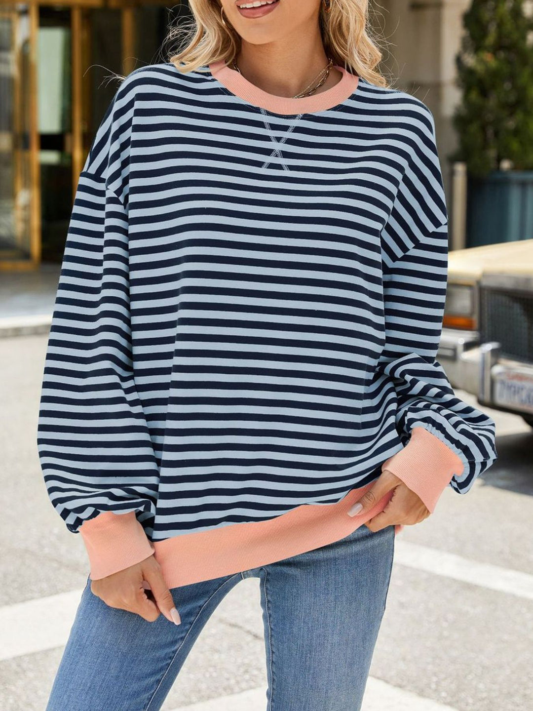 Striped crew neck sweatshirt with contrast ribbed trim