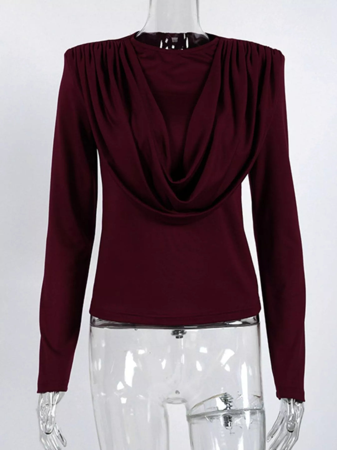Draped cowl neck long sleeve top with ruched sides