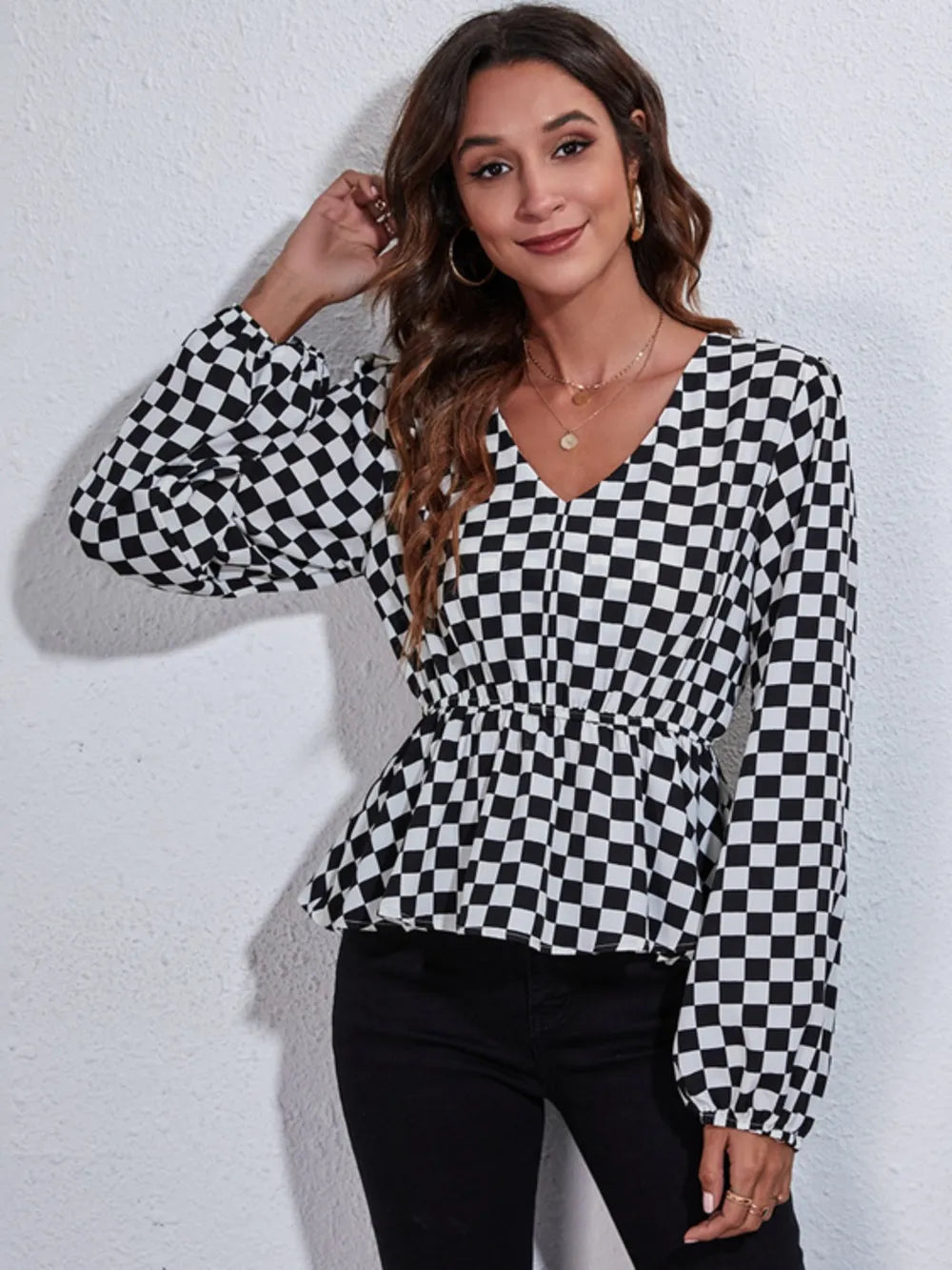 Checkered balloon sleeve peplum blouse with V-neck