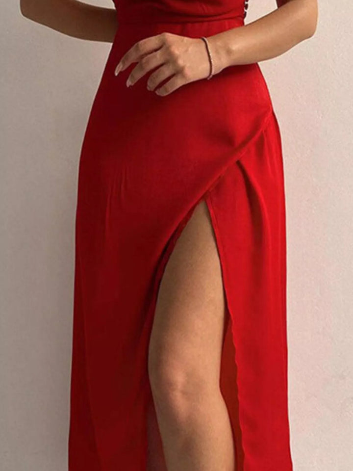 Draped V-neck spaghetti strap maxi dress with high slit
