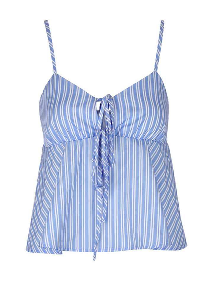 Striped tie-front peplum cami with spaghetti straps