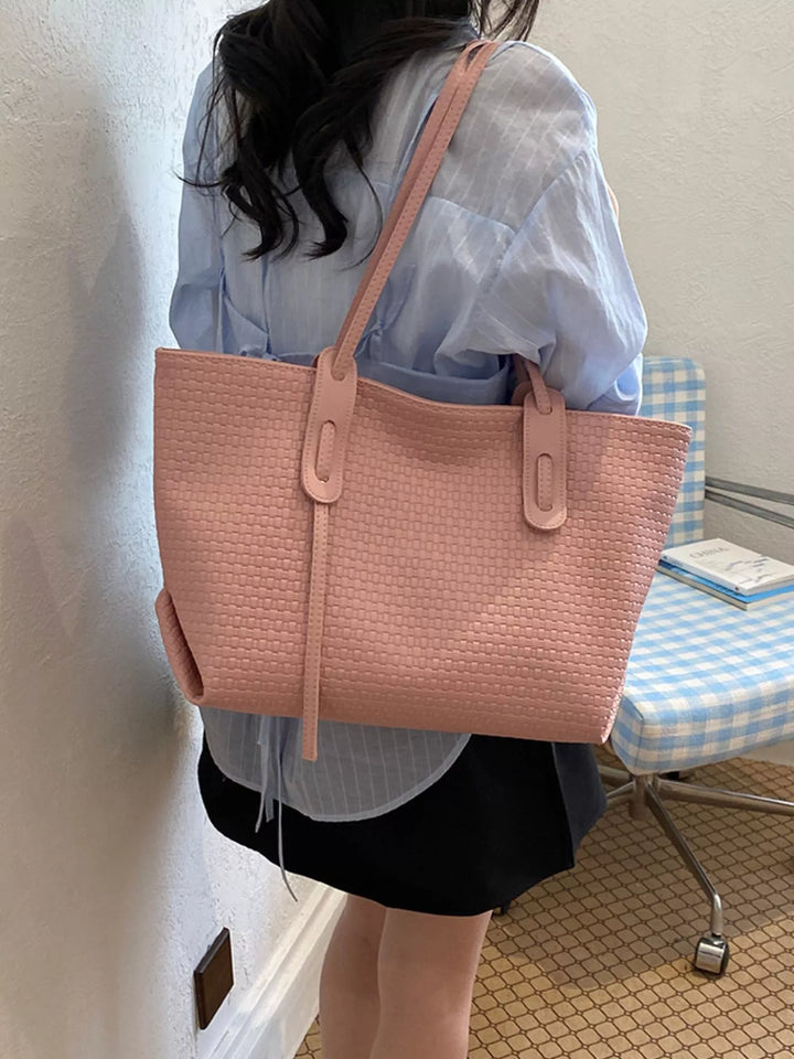 Woven texture faux leather large shoulder tote bag