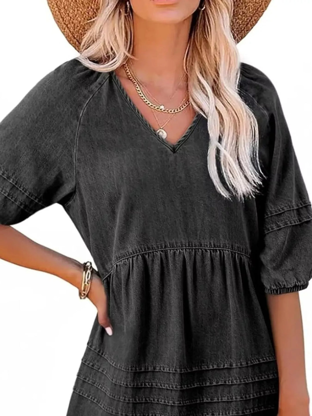 V-neck puff sleeve denim mini dress with pintuck pleating