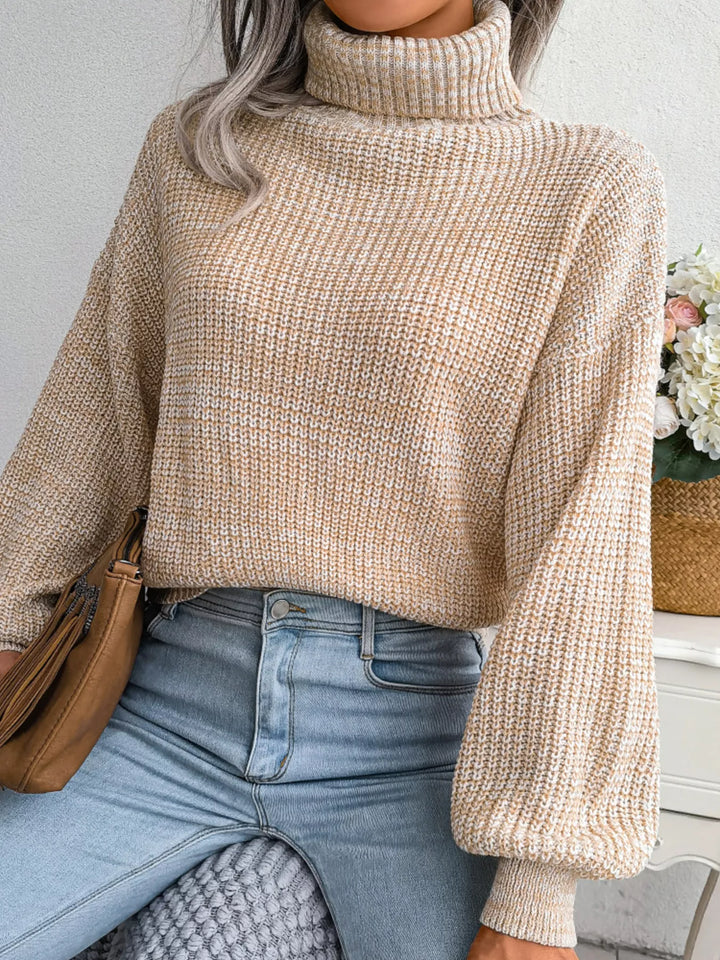 Waffle knit turtleneck sweater with dropped shoulders