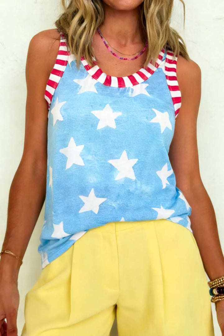 Star print tie-dye tank top with striped trim