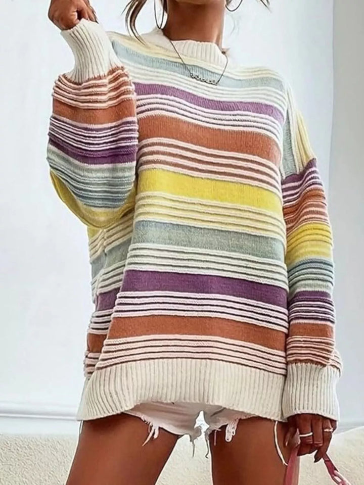 Striped mock neck relaxed knit pullover sweater