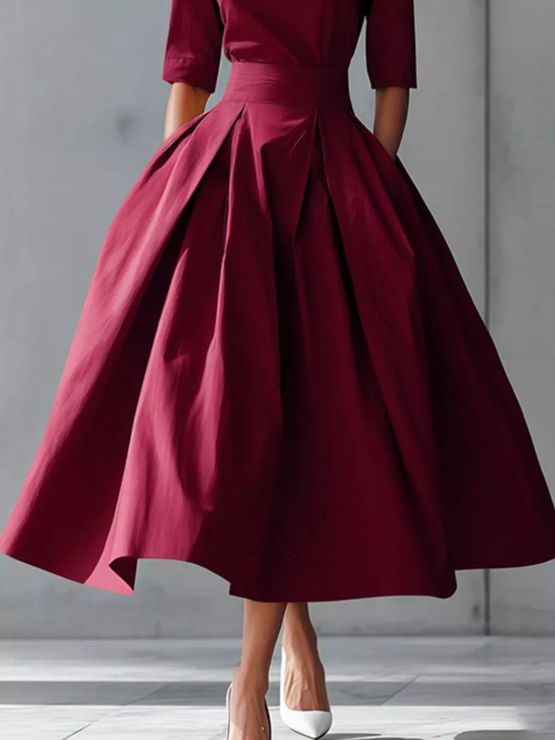 A-line pleated midi dress with side pockets
