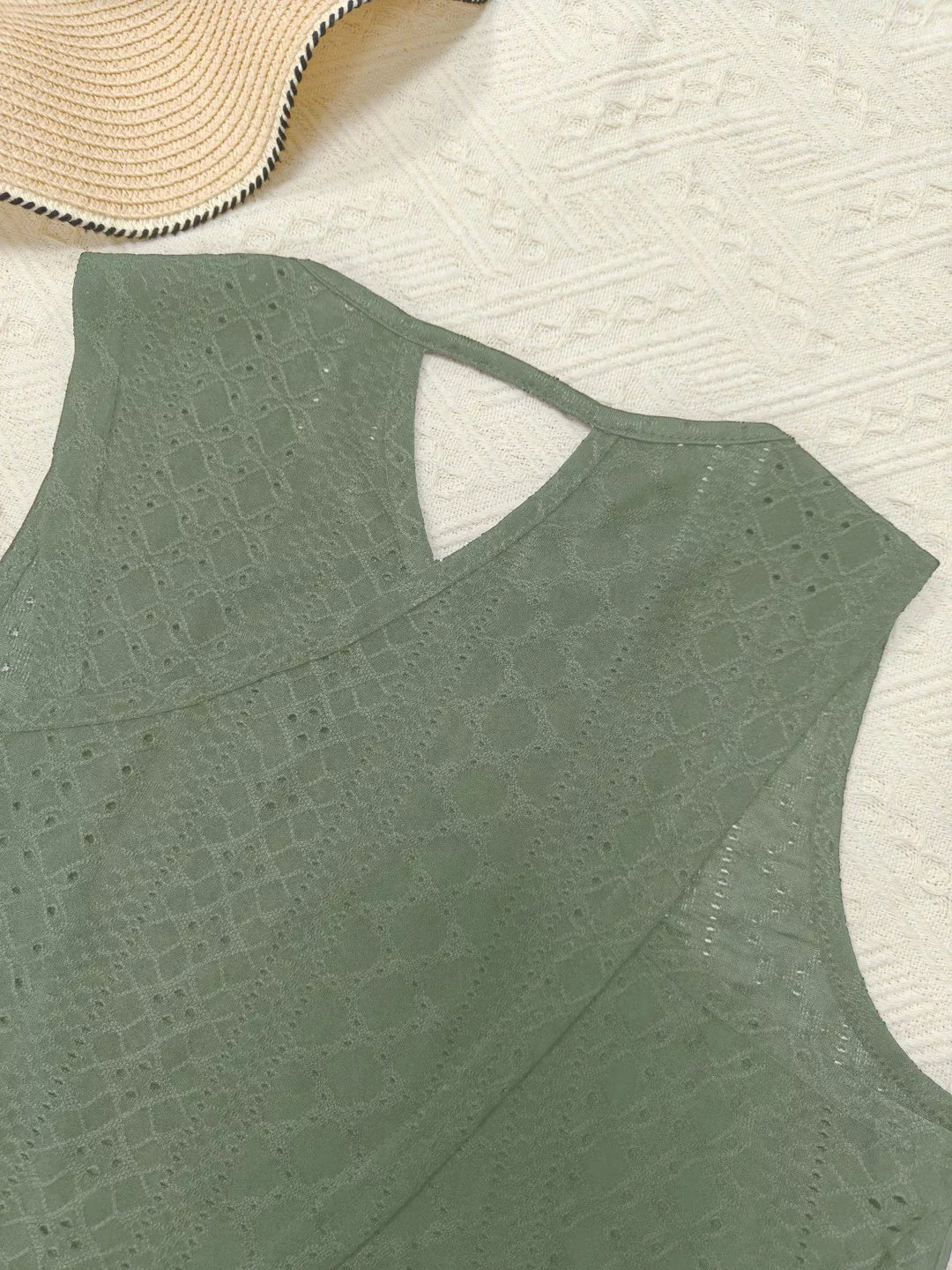 Eyelet openwork crew-neck tank with scalloped hem