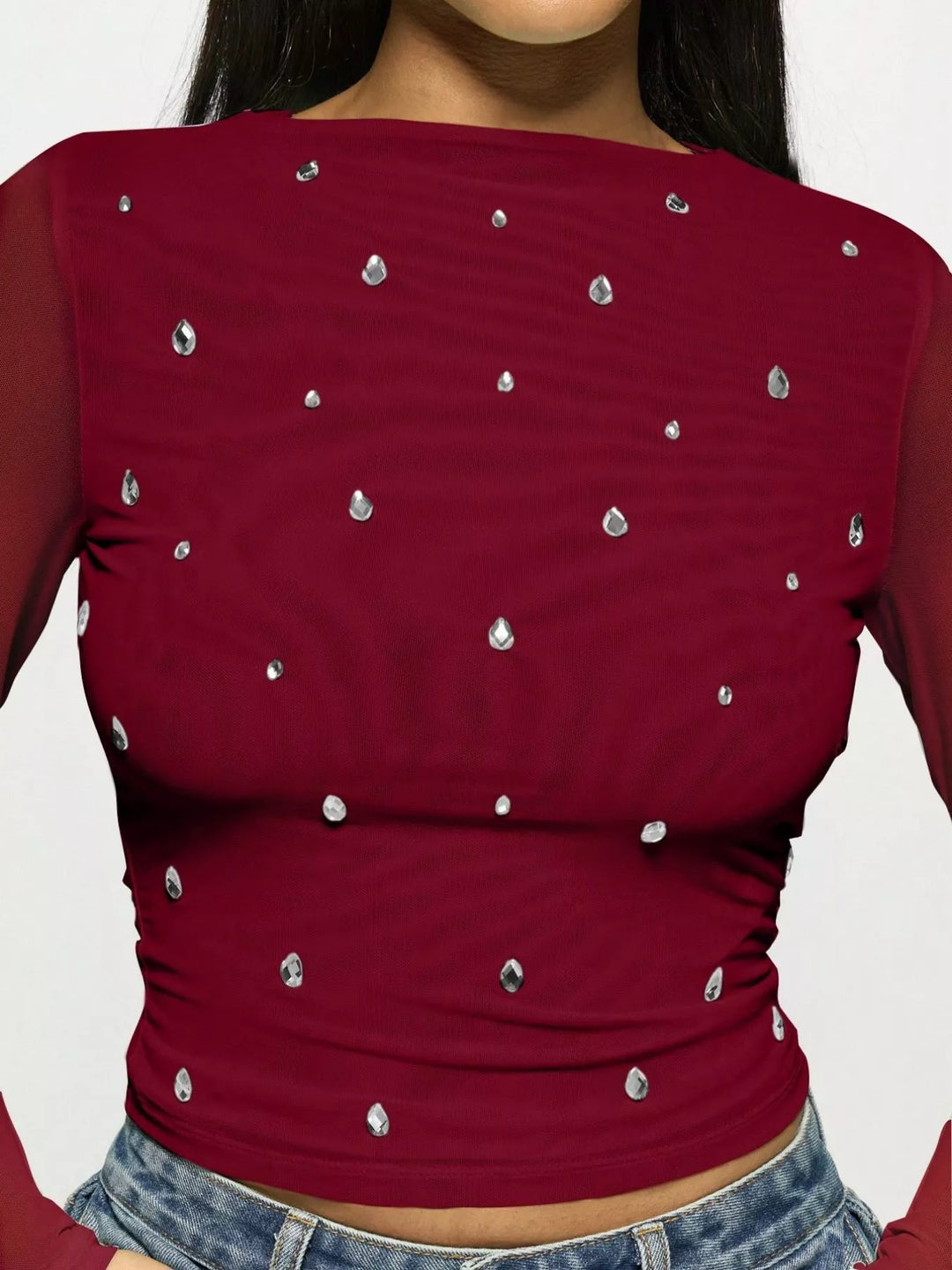 Sheer mesh rhinestone long sleeve crop top